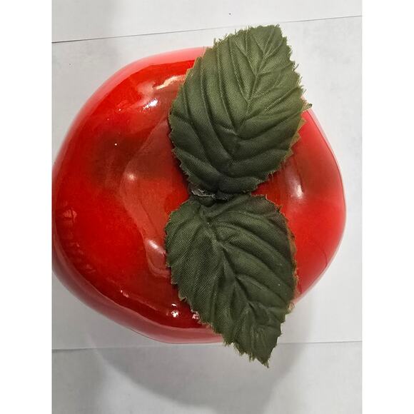 Vintage Glass Apple Figurine – Red Art Glass with Fabric Leaves - Picture 8 of 11